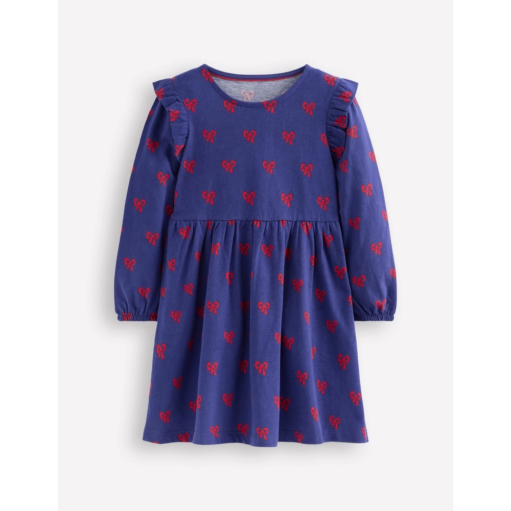BODEN New $42 Girls 10-11Y Blue Red Posie Ruffle Long Sleeve Jersey Dress V14